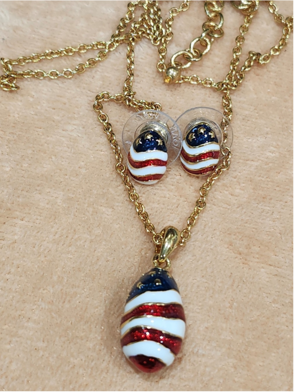 Joan Rivers Gold Tone Enamel USA Flag Patriotic Egg Pendant Necklace & Earrings